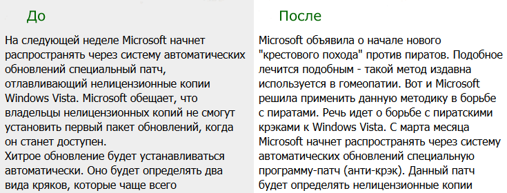 Пример рерайтинга